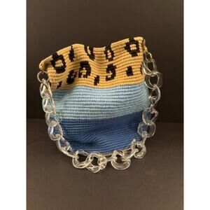 Vintage Soraya Hennessy Blue Beige Animal Print Crochet Bucket Bag‎